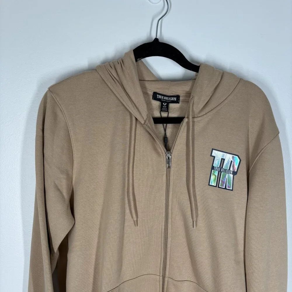 True Religion Men M Travertine Tan Fleece Y2K 90s Iridescent Logo Zip Hoodie NWT